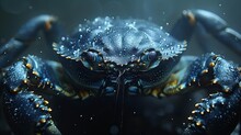   A Tight Shot Of A Blue Crab Against A Black Backdrop, With Water Bubbles Forming On Its Blue Back Legs