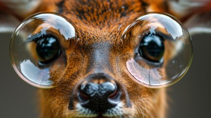   A tight shot of a deer's face with a magnifying glass hovering over its schnoz