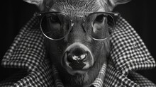   A Monochrome Image Of A Cow Adorned With A Checkered Shirt, Glasses, And A Covering Coat