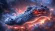   A tight shot of a dragon's head against a backdrop of cloud-filled sky and star-studded night