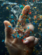 Giftige Mikroplastik auf den Finger aus Plastikflaschen  in Nahaufnahme, ai generativ