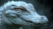   A White Alligator's Face In Close-up, With A Red Mark On Its Eye Against A Black Backdrop