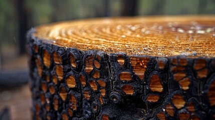 Sticker -   A wood piece, halved, functions as a table top in this close-up view