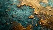   A tight shot of water droplets on a blue and gold lacquer-like surface, with yellow and brown hues