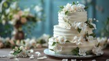 Fototapeta Mapy -   A tight shot of a wedding cake on a table, adorned with flowers nearby A vase of blooms in the background completes the scene
