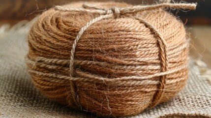   A ball of yarn atop a burlap sack on a larger burlap sack