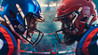 Two American football players wearing helmets confront each other. Banner, American football
