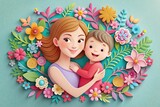 Fototapeta Kosmos - Mothers day Papercut illustration of Mom hugs her daughter. Mom's love, mothers love, relationships between mother and child