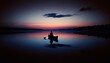 lone fisherman on a canoe, set against a twilight sky. The still waters mirror the delicate gradients of dusk