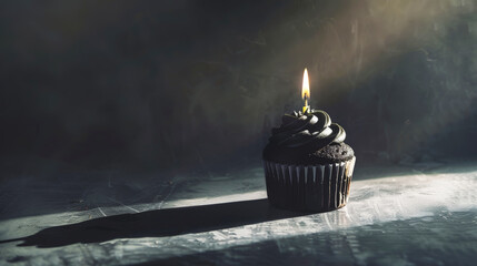 Wall Mural - Aesthetic black cupcake with candle, dark background, copy space. Celebration anniversary concept. Generative AI