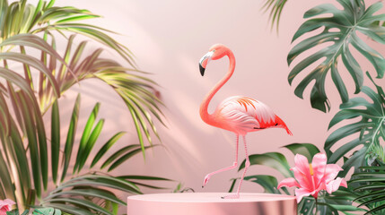 Summer 3D podium background flamingo pink product pedestal party scene display beach. Podium platform 3D palm summer vacation backdrop pastel isolated spring studio stand flower template holiday