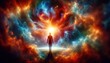 human figure stands in the midst of a cosmic explosion of colors, with swirling nebulas in vibrant shades of fiery orange