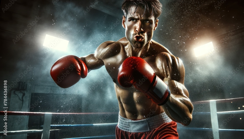 boxer in a dynamic fighting stance, with focused eyes and gritted teeth ...