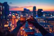 Rooftop toast at sunset, city skyline, clinking glasses, vibrant 2D art.