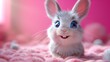 A 3D cute cartoon illustration of a smiling bunny, rendered on a solid pink background, capturing its adorable features and vibrant colors with the clarity of an HD camera