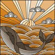 An illustration in stained glass style whale into the waves, Sunny sky and clouds, tone brown