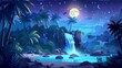 Tropical landscape at night with cascade waterfall under full moon and starry sky. Cartoon modern background with waterfall flowing over rock cliff with palm trees in foreground.