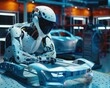 An android works on the assembly of a car in a factory