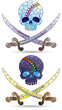 Set of stained glass illustrations with skulls and daggers, compositions isolated on a white background