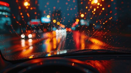 Canvas Print - Urban cityscape seen through car windshield, ideal for transportation concepts