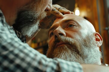 Canvas Print - Man receiving haircut at barber shop, suitable for hair salon advertisement