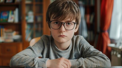 Sticker - Young boy sitting at a table with a book, suitable for educational and leisure concepts