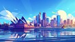 A modern cartoon illustration of Sydney landmarks with the Opera House banner, world-famous buildings, tourist attractions, megapolis skyscrapers and the iconic Sydney Harbour Bridge in February