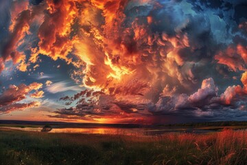 Poster - A stunning sunset with clouds over a serene field. Perfect for nature backgrounds