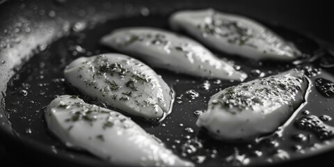 Four pieces of fish cooking in a frying pan. Great for food blogs or recipes