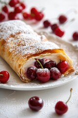 Wall Mural - A delicious crepe filled with cherries and topped with powdered sugar. Perfect for food and dessert concepts