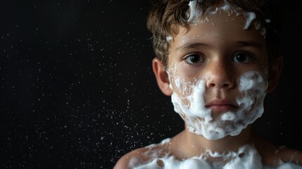 Wall Mural - A young boy with foam on his face, suitable for personal hygiene and skincare concepts