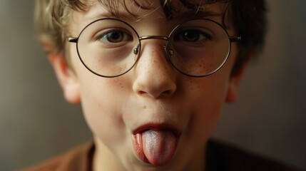 Sticker - Young boy wearing glasses making a silly expression. Suitable for humor and education themes