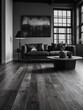 A monochrome photo showcases a hardwood flooring living room with grey tints and shades, leather furniture, and a modern urban loft aesthetic.