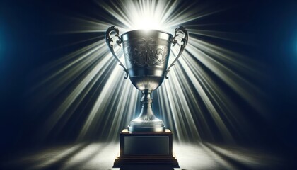 grand trophy cup bathed in a radiant beam of light, emitting a soft glow that illuminates the surrounding area