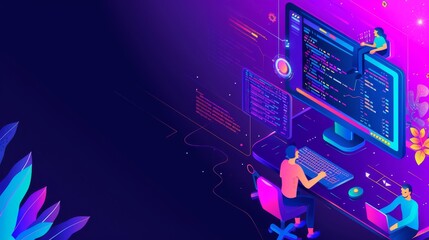 Wall Mural - Banner for code testing, concept of software errors, quality control for a website or app. Modern landing page for programming test. Isometric computer screen with people working.