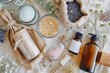 A flat lay of various items for natural and organic beauty products, including dried flowers in bags. Ai generated