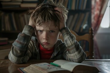 Sticker - A young boy sitting at a table with a book, suitable for educational and lifestyle concepts