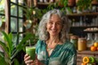 Serene elder lady contemplates with a nutritious green juice surrounded by houseplants