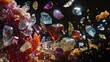 Various colored crystals displayed on a table, perfect for crystal healing or geology concepts