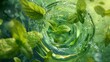 Close-up of mint leaves, ice, and splash in motion. Cool and invigorating refreshing mojito background.
