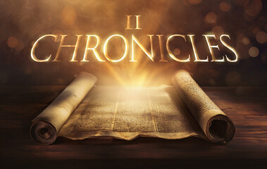 Wall Mural - Glowing open scroll parchment revealing the book of the Bible. Book of 2 Chronicles. Second Chronicles. History, kingship, temple, worship, revival, faithfulness, disobedience, judgment, prayer