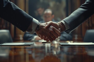 Sticker - Close-up of two people shaking hands over a table. Suitable for business and partnership concepts