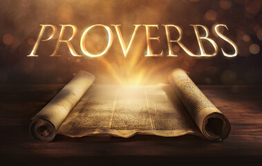 Wall Mural - Glowing open scroll parchment revealing the book of the Bible. Book of Proverbs. Wisdom, instruction, guidance, righteousness, discipline, understanding, virtue, folly, knowledge, practical living