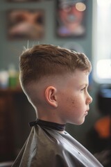 Canvas Print - A young boy getting his hair cut at a barber shop. Ideal for barber shop promotions