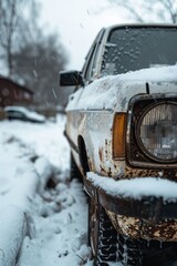 Canvas Print - A dirty truck parked in snowy landscape. Suitable for transportation or winter themes