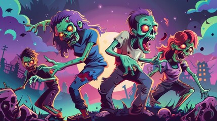 Modern banners of zombies with cartoon illustration of night landscape with angry dead woman and dead men with dangling arms.