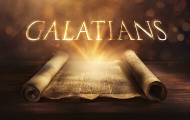 Wall Mural - Glowing open scroll parchment revealing the book of the Bible. Book of Galatians. Freedom, faith, grace, justification, law, gospel, liberty, adoption, spirit, circumcision