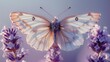 A cute sticker of a dainty butterfly, rendered on a solid lavender background, capturing its delicate wings and intricate details with the clarity and precision of an HD camera