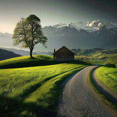 Wall Mural - Road in the mountains between green hills
