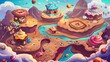 Cartoon illustration of a candy land mobile game map. Cookie houses, chocolate rivers, muffins, and lollipops decorate the magic town. Modern GUI background design.